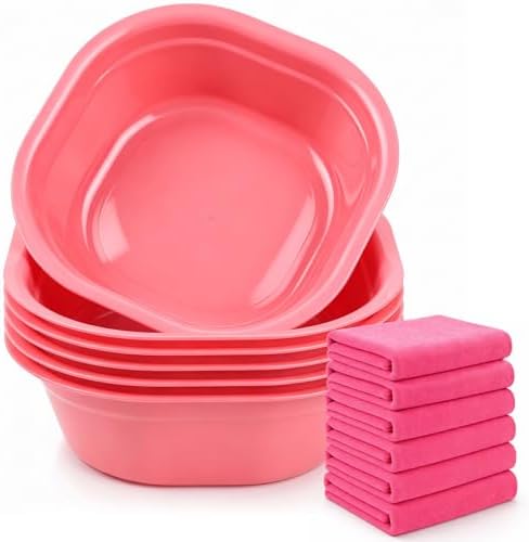 DEAYOU Set of 6 Small Foot Spa Kit for Spa Party, 12" x 12" x 4.3" Foot Tub and 14" x 29.5" Bath Towels, Washbasin Hand Towels for Sleepover Party, Girls Night, Home Facial and Foot Soak Kit, Pink by DEAYOU