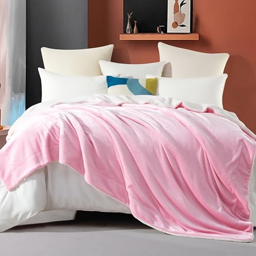 Elegant Comfort Ultra Soft Reversible Flannel Sherpa Blanket - Cozy Silky Fleece Throw for Couch, Bed - Plush Fuzzy Warm Winter Blanket for Gift, King, Light Pink - Image 2