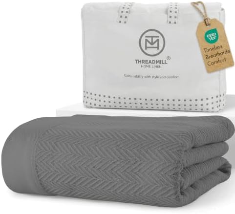 Threadmill Luxury 100% Cotton Queen Herringbone Blanket, Dark Grey by ThreadmillHomeLinen