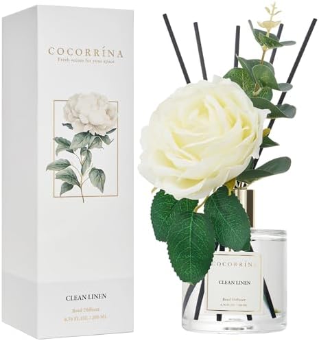 Cocorrína Flower Reed Diffuser - Clean Linen 6.7oz Scented Diffuser with Sticks Home Fragrance Essential Oil for Bathroom Shelf Decor (Artificial Flower) - Image 2