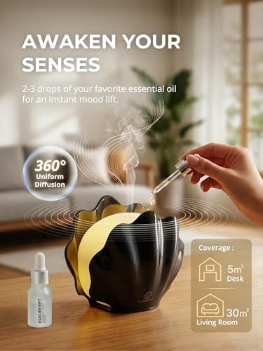 Essential Oil Diffuser 260ML, Shell Aroma Diffuser with Remote Control Humidifier with 7 Colors LED Night Light for Bedroom Home Relaxation (Black) - Image 3