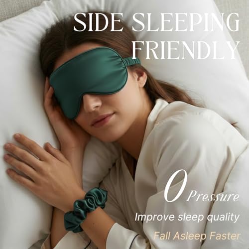 Green Sleep Eye Mask, Blackout Silk Satin Travel Blindfold Set Women - Image 2