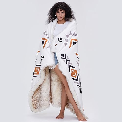 Luxury Plush Faux Fur Throw Blanket with Aztec Pattern, Super Warm, Fuzzy, Elegant, Fluffy Decoration Blanket for Couch, Armchair, Sofa and Bed, 50''x 60'', Cream - Image 5