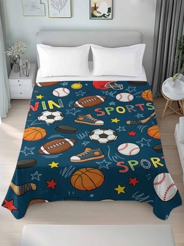 Twin Flat Sheet Sports Balls Flat Sheets Only Soft Breathable Microfiber Bedding Top Sheets Luxury Hotel Quality Basketball Football Baseball Rugby Ice Hockey Twin Bed Sheet for Bedroom Dorm Decor - Image 3