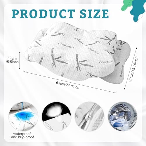 Hahafelt Cooling Cervical Pillowcase (Only Pillowcase) Waterproof Bamboo Neck Pillow Case Ergonomic Pillow Case Cover with Zipper for Side Back Stomach Sleepers(Queen Size,White Grey) - Image 2