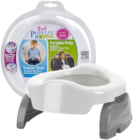 Kalencom Potette Plus 2-in-1 Travel Potty and Trainer Seat - Dual-Purpose Potty Training Toilet Seat - Portable Potty for Toddler Travel - with Durable, Lock-in Legs and Splash Guard - White/Gray by Kalencom
