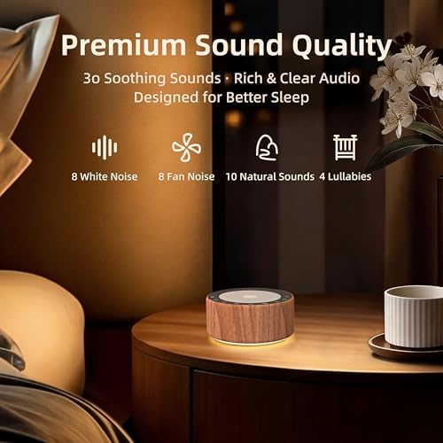 Kipcush White Noise Machine for Baby & Adults, 30 Soothing Sounds, Soft Non-Glare Nursery Lamp, 8 Color Night Lights, Memory Function (Angel V5 Wooden, Standard) - Image 6