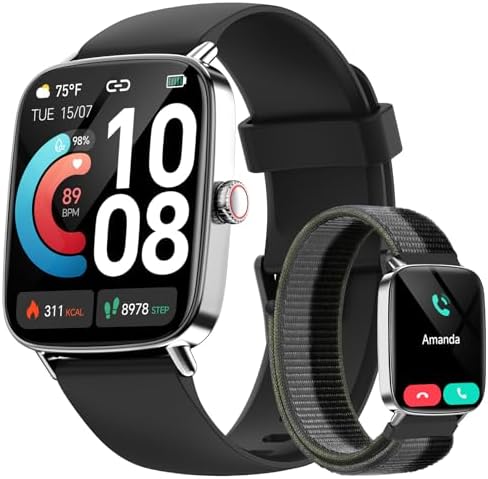 Smart Watch for Men Women, 1.85" HD Smartwatch Compatible iPhone/Samsung/Android (Answer/Make Calls), 100+ Sport Modes Fitness Tracker with Heart Rate/Sleep/SpO2 Monitor, IP68 Waterproof, 2 Bands by AEAC