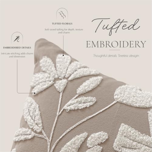 BlissBlush Decorative Lumbar Pillow Cover 12x20, Light Taupe Accent Velvet Throw Pillowcase for Couch Sofa Living Room, Floral Tufted Rectangular Cushion, Cover Only - Image 2