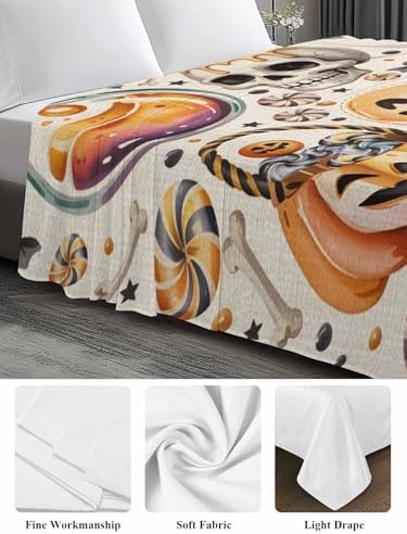 Halloween Twin Flat Sheet Candy Pumpkin Flat Sheets Only Soft Bedding Top Sheets Luxury Hotel Quality Witch Hat Eyeball Skull Ghost Linen Twin Bed Sheet for All Season Bedroom Dorm Halloween Decor - Image 3