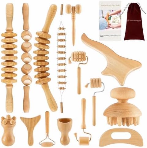 15 Pcs Wood Therapy Massage Tools Set, Wooden Rollers, Gua Sha & Facial Massage Tools for Body Sculpting and Self Care, Full Body Home Spa Kit by Unknown