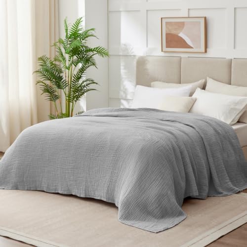 100% Cotton Muslin Blanket California King 120" x 90", 6 Layers Breathable and Lightweight Oversized Blankets for Bed, Soft Cooling Gauze Blanket for Adults All Season, Light Grey - Image 2