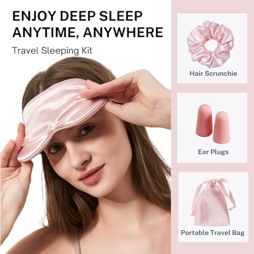 Pink Sleep Eye Mask, Blackout Silk Satin Travel Blindfold Set Women - Image 5