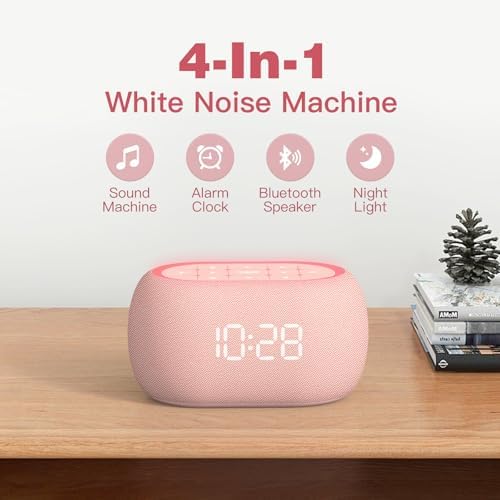 ANJANK White Noise Sound Machine Alarm Clock with Bluetooth Speaker, Hi-Fi Stereo Sound, 21 Soothing Sounds/7 Night Lights, 0-100% Dimmer/Sleep Timer, Soother for Teens Kids Girls, Bedroom, Pink - Image 2