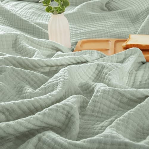 PHF 100% Cotton Muslin Blanket Twin XL Size 66"x90", 4-Layer Lightweight Gauze Throw, Breathable Cloud-Soft Minimalist Blanket for Bed, Couch, Camping & Baby, Sage Green, Ideal Gift by PHF