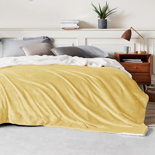 Bedsure GentleSoft Sherpa Fleece Blanket Queen Size for Bed, Non-Heated, Thick and Warm Throw for Women and Men, Soft Fuzzy Plush Queen Blanket for Fall, Yellow, 90x90 Inches - Image 3