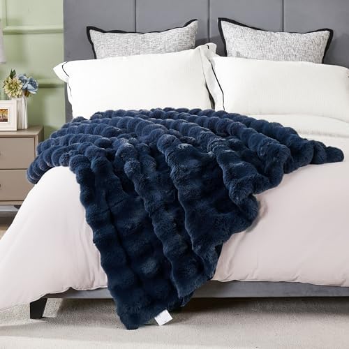 DREAMNINE Soft Faux Bubble Rabbit Fur Throw Blanket for Couch, Thick Cozy Decorative Warm Fuzzy Fur Blanket for Sofa Chair Bedroom Living Room Dorm Gift, 50 * 60 Inches, Navy Blue - Image 3