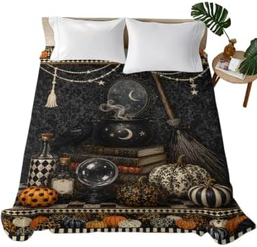 Halloween Twin Flat Sheet Pumpkin Book Flat Sheets Only Soft Breathable Bedding Top Sheets Luxury Hotel Quality Broom Crystal Ball Plaid Twin Bed Sheet for All Season Bedroom Dorm Halloween Decor by LooPoP