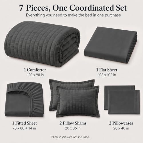 CozyLux Oversized King Comforter Set 120x98 in 7-Piece Dark Grey Seersucker - Image 2