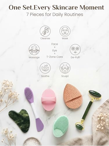 Rena Chris Gua Sha and Face Roller Set: Face Skin Care Tools with Facial Cleansing Brush, 2 Silicone Scrubber Pads & Face Sponge, Travel Bag, Self Care Gift - Image 2