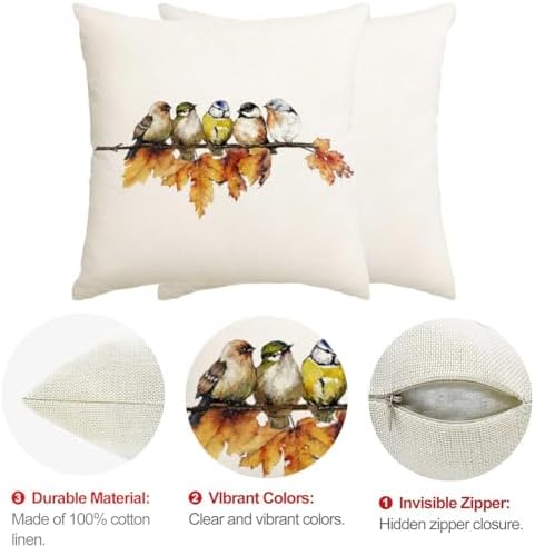 RABUSOFA Fall Pillow Covers 20x20 Inch Watercolor Bird Autumn Decorations for Home Outdoor Thanksgiving Decor Maple Leaf Decorative Throw Pillow Cases Farmhouse for Couch Sofa - Image 6