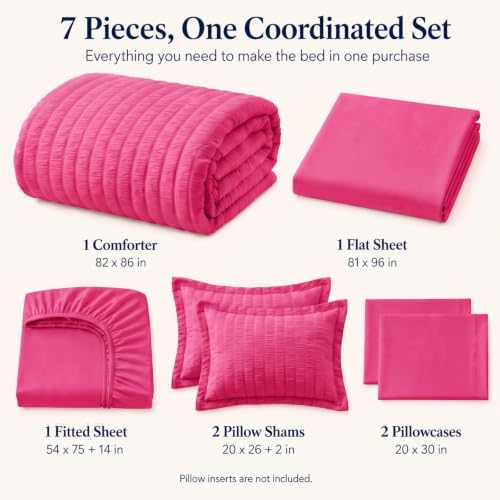 CozyLux Full Size Comforter Sets, 7 Pieces Hot Pink Seersucker Bed in a Bag - Image 2