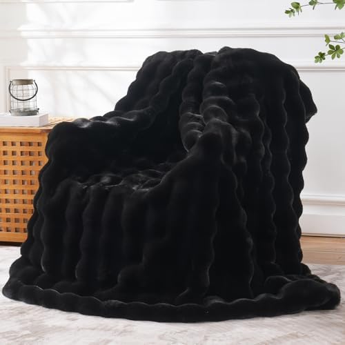 BENVWE Faux Fur Throw Blanket for Couch Bed - Fluffy Soft Thick Bubble Blanket for Living Room Home Decor - Fathers Day Birthday Gifts for Women Men, Black, 60" x 80" by BENVWE