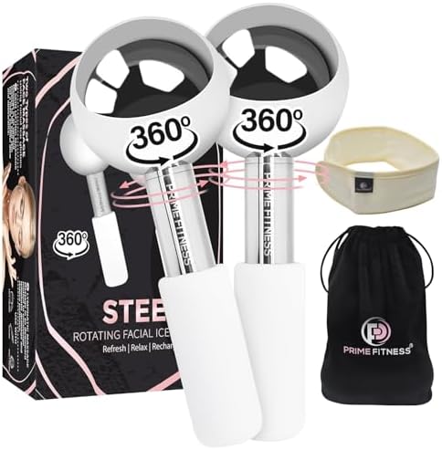 PRIME Fitness Ice Globes for Facials | Unbreakable Steel Cooling Roller | Cryo Sticks for Face | Massager for Face Neck & Eyes | Skin Care for Dark Circles, Puffiness, Wrinkles, (Silver) by PRIME+Fitness