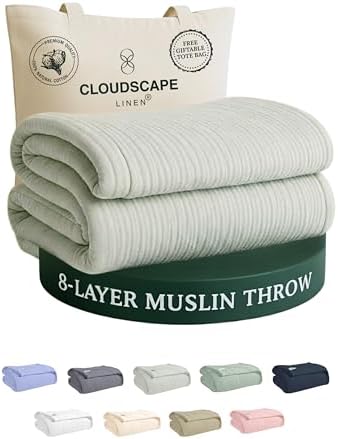CLOUDSCAPE 8 Layer Oversized Muslin Throw, 100% Cotton 50"x70" - Sea Foam by CloudScapeLinen