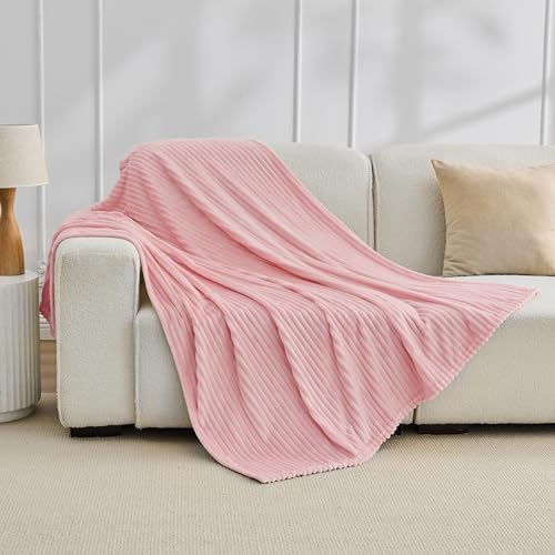 Bnuitland Fleece Throw Blanket for Couch, 300GSM Soft Warm Cozy Fluffy Throw for Adults & Kids, Stripe Pattern, All Season Sofa Bed Blanket for Home Decor, Light Pink 50"x60" - Image 4