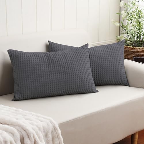 100% Egyptian Cotton 600 TC Waffle Weave Lumbar Pillow Covers 2 Pack by ZaizaiHome