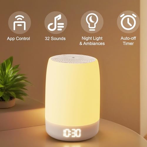 White Noise Machine Alarm Clock for Baby Adults Kids with 32 Soothing Sounds 8 Colors Rainbow Breathing Light，Toddler Sleep Trainer with Timer, App Remote Control，Bluetooth Playback for Bedroom - Image 2