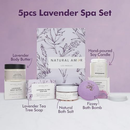 Natural Amor 5-Piece Lavender Spa Gift Set – Bath Bomb, Body Butter, Bar Soap, Bath Salt, Candle – Relaxing Self Care Kit for Women – Gift Box for Birthday, Thank You, Get Well - Image 2