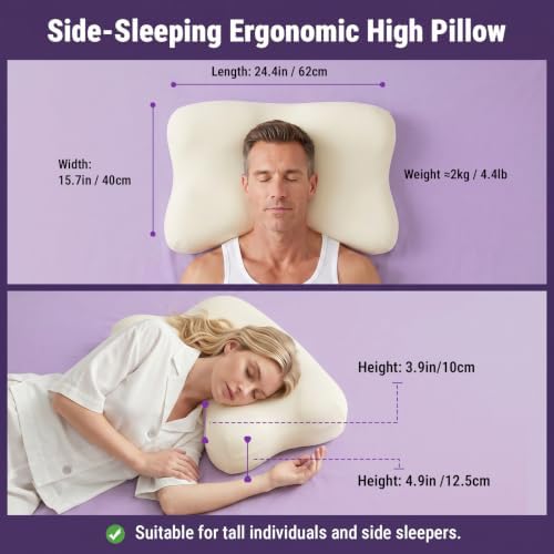 ZZ-WELL Neck Pillow for Sleeping - Side Sleeper Pillow with Cooling Pillowcase - High Density Memory Foam Pillows for Broad Shoulders Adults - Heavy & Thick Bed Pillows, Standard Size (Beige) - Image 2
