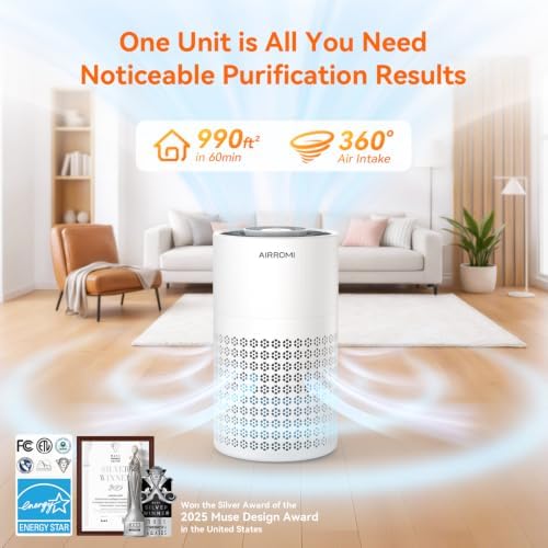 AIRROMI Air Purifier for Bedroom with HEPA 3-in-1 Filter, Pet Air Purifier for Home Cat Pee Smell, Covers Upto 990 Ft², Quiet 360° intake Air Cleaner for pet hair,allergies,Dust,Smoke A2001 White - Image 2