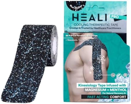 Heali Kinesiology Tape with Magnesium and Menthol, 20 Pcs Precut Strips, K Tape Roll, Knees, for Physical Therapy, Sports, Muscles and Joints, Water Resistant, Blue Splatter by HEALIMEDICAL