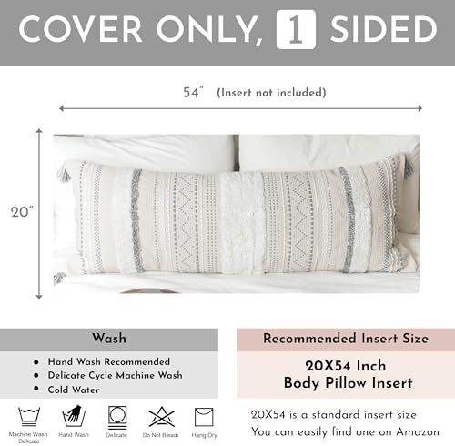 BlissBlush 20X54 Oversized Large Lumbar Pillow Cover for Bed, Rectangular Long Decorative Throw Pillowcase, Cotton Boho Accent Cushion with Gray Tufted Pattern and Tassels, Cream Neutral (Cover Only) - Image 3