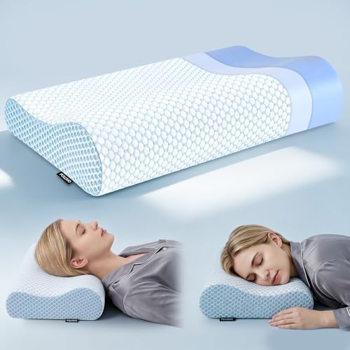 Polovo Neck Pillow Memory Foam Pillows for Sleeping, Ergonomic Cervical Pillow Neck Support Pillow Bed Pillow for Side Back Stomach Sleepers, Contour Pillow for Neck and Shoulder Pain Relief (Blue) by Polovo