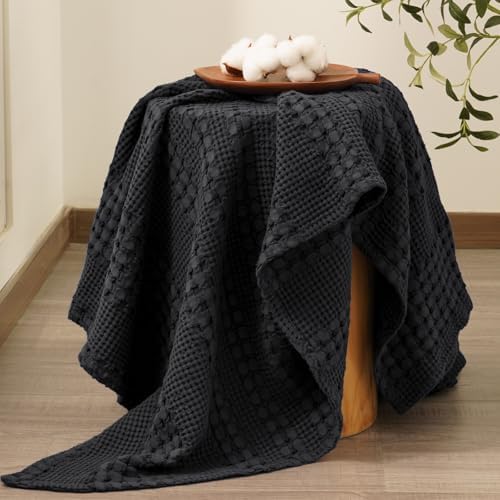 PHF Lightweight 100% Cotton Waffle Throw Blanket for Couch, Black - Image 6