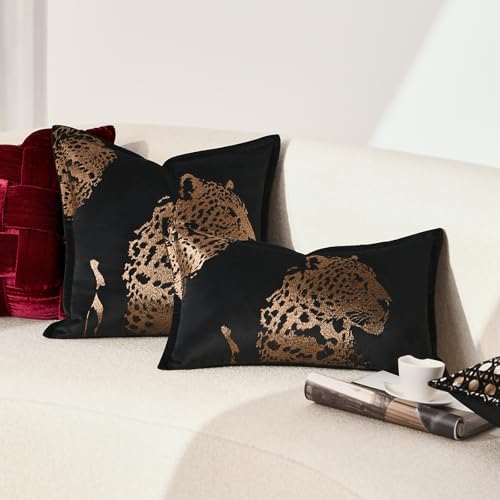 Luxury Black Velvet Lumbar Pillow Covers 12x20'' inches, Hand-Embroidered Brown Cheetah Face Decorative Throw Pillow Case, Modern Glam Home Accent with Hidden Zipper for Living Room - Image 2