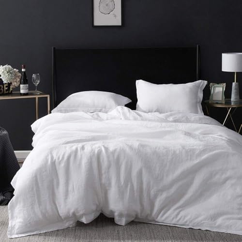 Simple&Opulence 100% Linen Duvet Cover Set with Embroidery Border Washed - 3 Pieces (1 Duvet Cover with 2 Pillow Shams) with Button Closure Soft Breathable Farmhouse - White, Full Size by SimpleOpulence