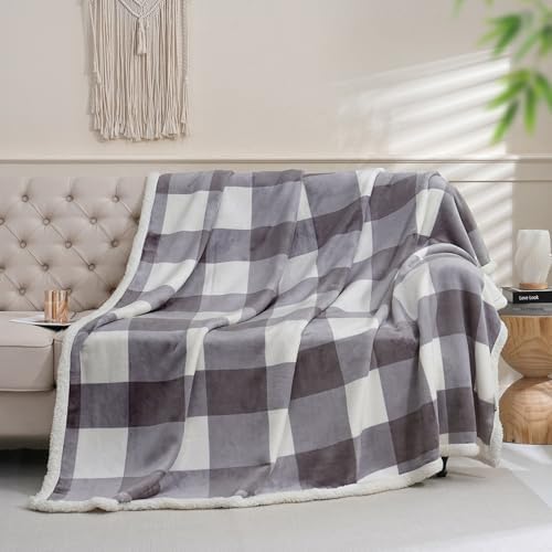Gracelife Sherpa Blanket Throw Blanket for Couch Bed Sherpa Fleece Blanket Fluffy Checkered Soft Blanket for All Season Use Cozy Thick Warm Big Throws Twin (Grey-Soft White, 60"*80") - Image 2