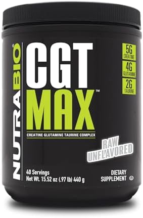 NutraBio CGT-MAX Powder- Creatine, Glutamine and Taurine to Support Muscle Recovery and Strength - 40 Servings - Unflavored by NutraBio