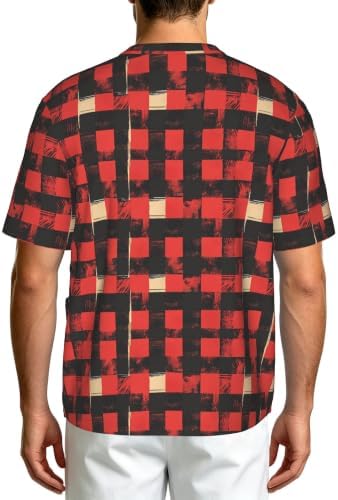 Men's Scrub Top,V-Neck Spill Wrinkle Resistant,3 Pockets-Buffalo Plaid Red and Black (2) - Image 2