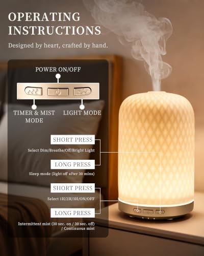 Essential Oil Diffuser - 2.4 MHz Ultrasonic Ceramic Diffuser with Pulse/Continuous Mist & 3 Night Light Modes, Waterless Auto-Off, Silent Aromatherapy Diffuser for Home, Office, Gifting & Home Decor - Image 3