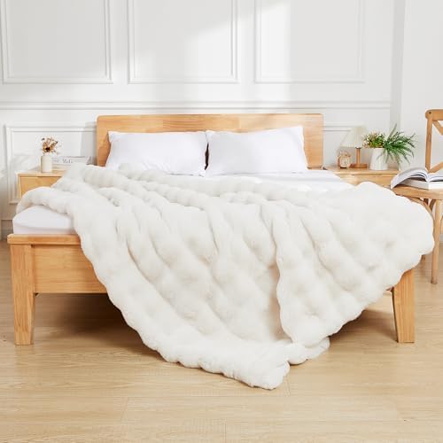 Latepis Luxury Queen Faux Fur Throw Blanket Fuzzy for Bed Soft Thick Blanket for Sofa Cute Plush Fuzzy Warm Blankets for All Seasons Ideal Gifts Furry Blankets Beige 90x90 Inch, 860gsm - Image 2