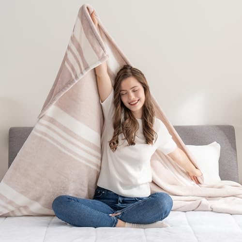 Berkshire Blanket-Classic Heavyweight Soft Printed VelvetLoft® Plush Blanket, Full/Queen Size Soft Fuzzy Warm Blanket for Couch Sofa Bed, Stripe Cream, 90in x 90in - Image 2