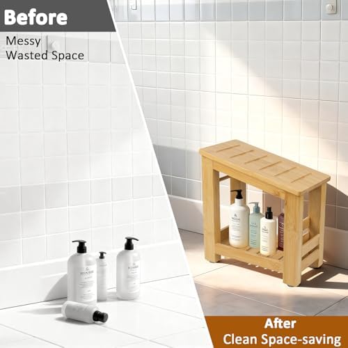 Bamboo Shower Foot Rest Stool for Shaving Legs & Pedicure, Non-Slip Bathroom Foot Step with Storage Pocket, Solid & Water-Resistant,Natural - Image 6