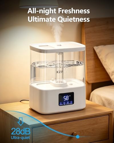 KZF 4L Top Fill Humidifiers for Bedroom & 40H Runtime - Cool Mist Humidifier, 3 Mist Levels, 8H Timer, Essential Oil Tray, Humidity Display, Quiet for Baby, Plants, Large Room (White, 4, Liters) - Image 5