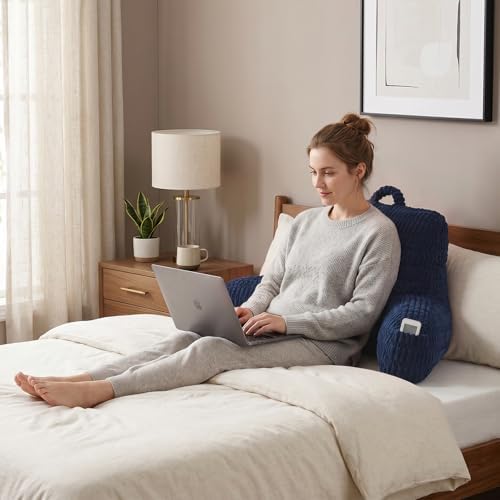 Large Reading Pillow for Sitting Up with Arms,Blue Corduroy - Image 2
